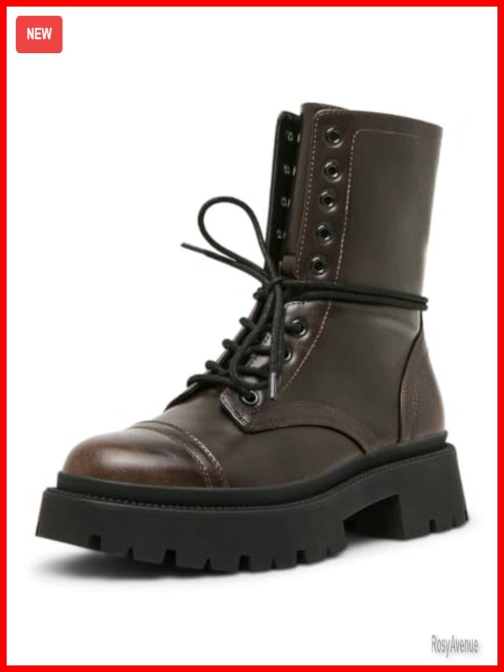 Faux Leather Combat Boots Round Toe Block Heel Ankle High-Top